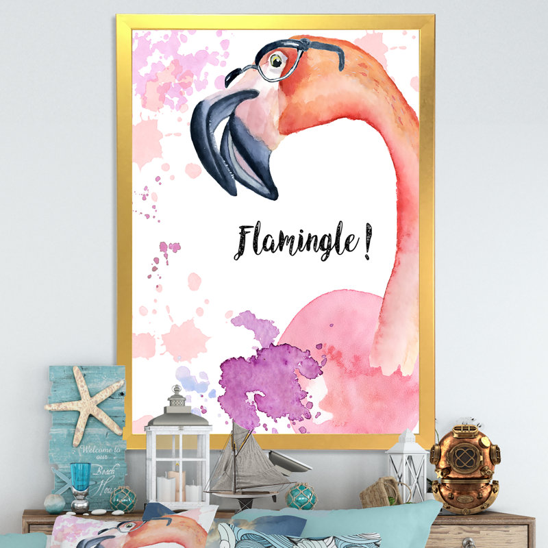 Portrait de flamant rose III - Peinture, H 20 po x l 12 po x P 1 po, Cadre photo doré