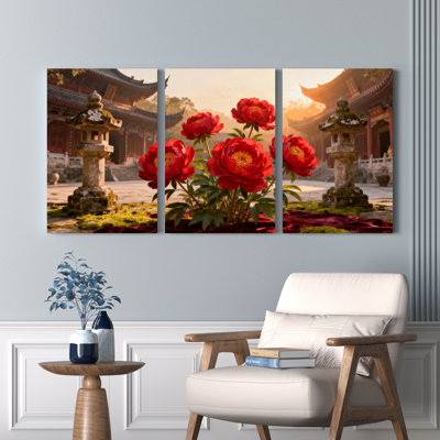 Red Peony Flowers And Traditional Japanese Temple Canvas Wrapped Wall Art Oil Painting Print Set Of 3