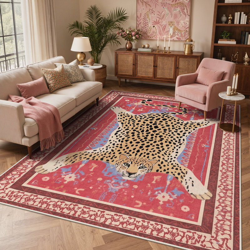 Alinda Leopard Print Performance Pink Machine-Washable Area Rug, Rectangle 8' x 10', Pink