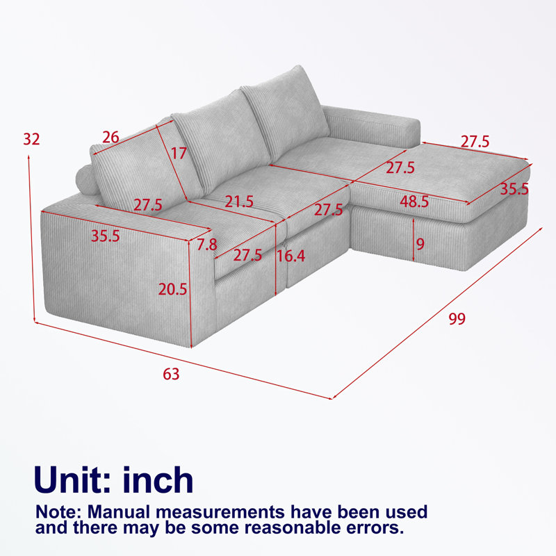 Canapé modulaire en L en velours côtelé avec chaises doubles et trois coussins, Velours côtelé beige