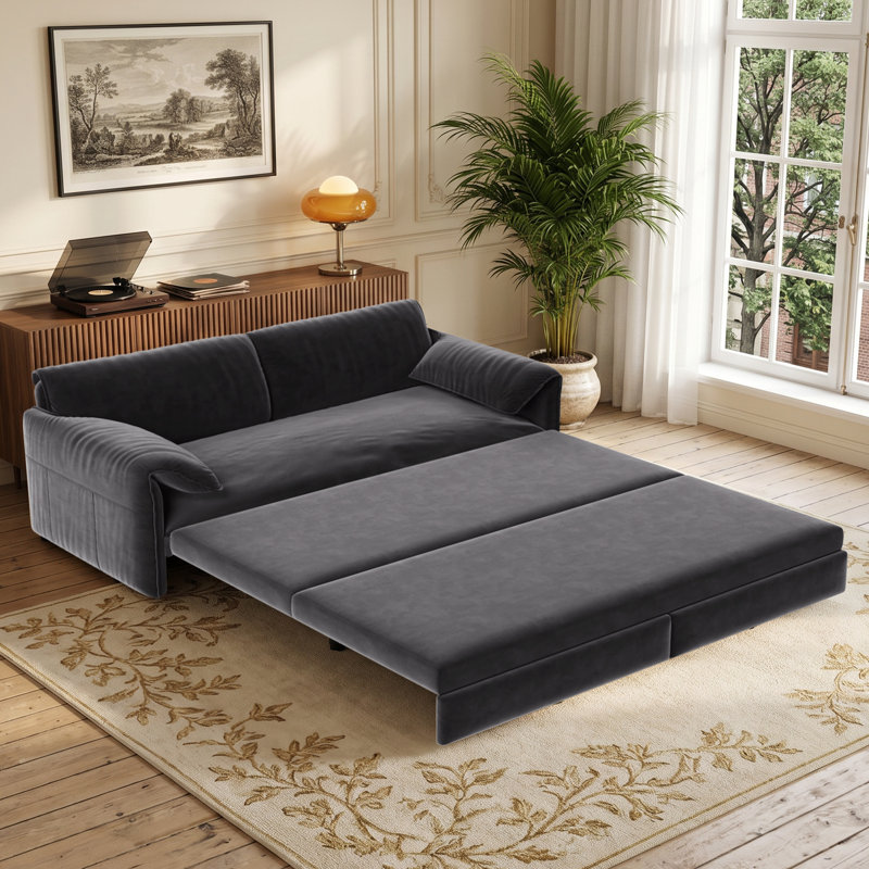 66.1" W Convertible Sofa Bed 3-in-1 Velvet Pull Out Couch Loveseat Queen Size Sleeper With Side Pocket, Gray Velvet