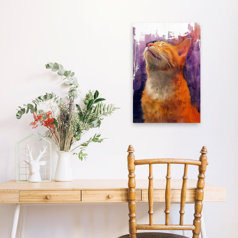 «Blissful Orange Cat», art abstrait coloré, chat rêveur, H 24 po x l 16 po
