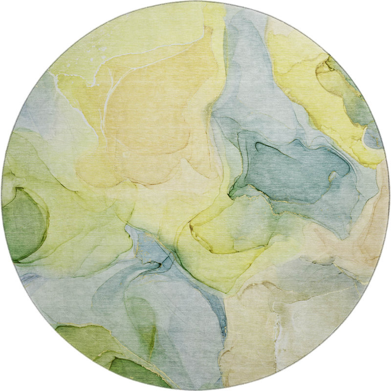 Premium Machine Washable Cerrito AMF504 Yellow Rug, Round 8'
