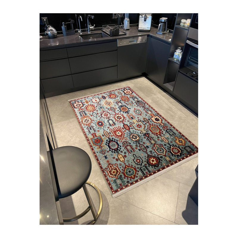 Tapis bleu délavé à motif traditionnel multicolore, Sous-tapis rectangulaire 2 pi 4 po x 3 pi 11 po