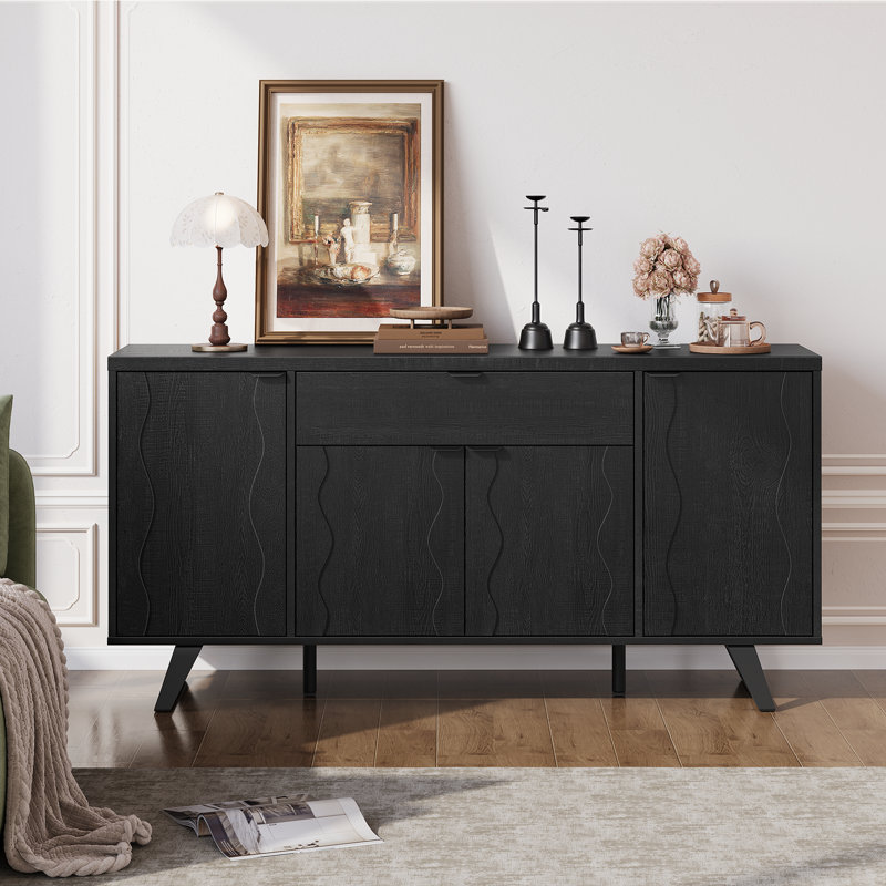 63" Mid Century Modern Sideboard With Adjustable Shelves, Cabinet With 4 Doors & Drawers For Living Room, Kitchen, Black