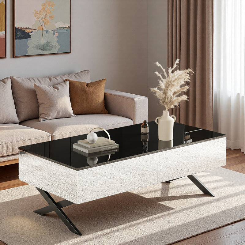 Table basse rectangulaire à miroir avec 2 tiroirs et plateau noir ultrabrillant