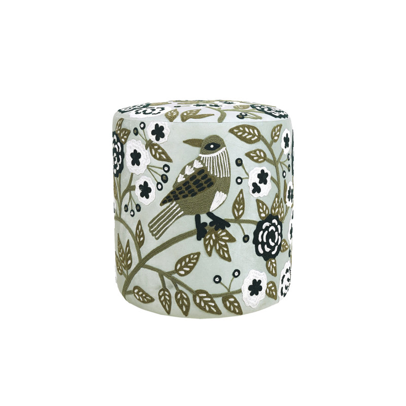 Handmade Embroidered Velvet Upholstered Ottoman, Light Green, Light Green Bird