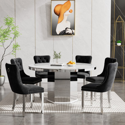Round Faux Marble Dining Table Set, 47.24"-63" Extendable Oval Dining Table & Tufted Velvet Chairs, Modern Mirrored Kitchen Dining Room Table and Chairs Set