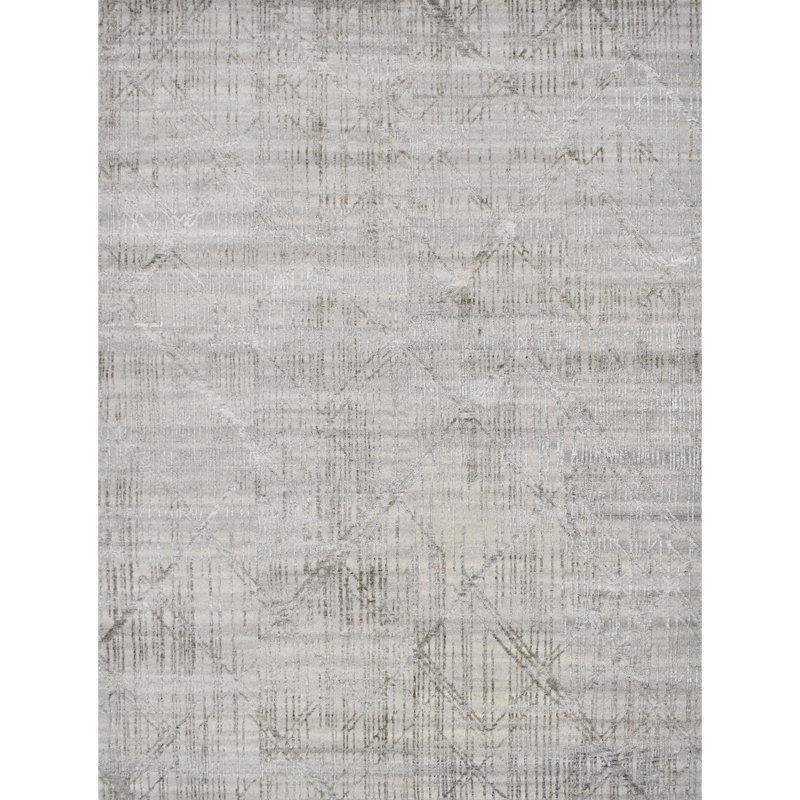 Tapis rectangulaire argenté en laine / viscose tissé à la main, Rectangle 10 pi x 14 pi
