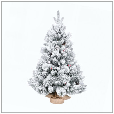 Flocked Christmas Tree With PE/PVC & Pine Needle Branches, 170 Tips, Decorated With Pine Cones & Red Berries – Small Snowy Holiday Tree For Tabletop, Entryway, Or Office Decor