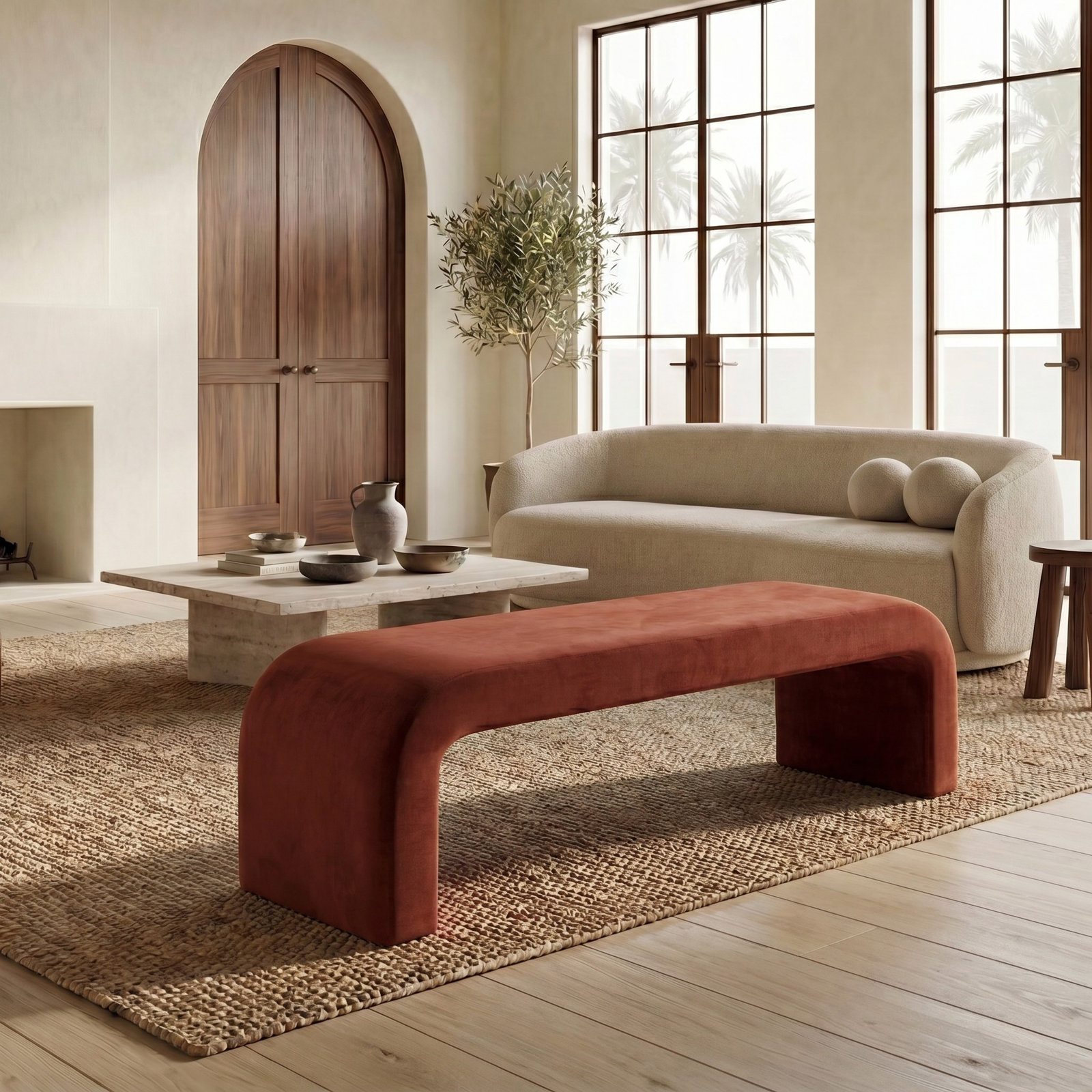 Daine 62" Linen Bedroom Bench, Rust Velvet