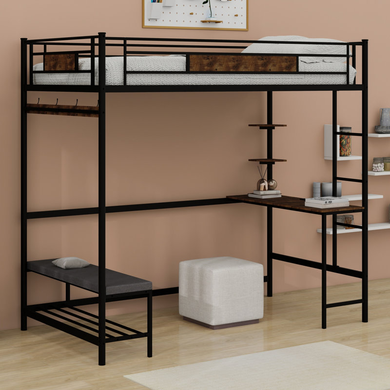 Easy Assembly Loft Bed With Storage And Buckle Fastened Frame Slats