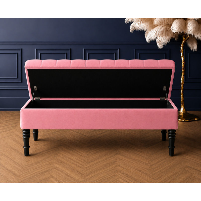 Cubed Tufted Rectangle Ottoman Storage Bench, Upholstered Plush Velvet Shoe Bench with Black Turned Wooden Legs, Pink Plush 