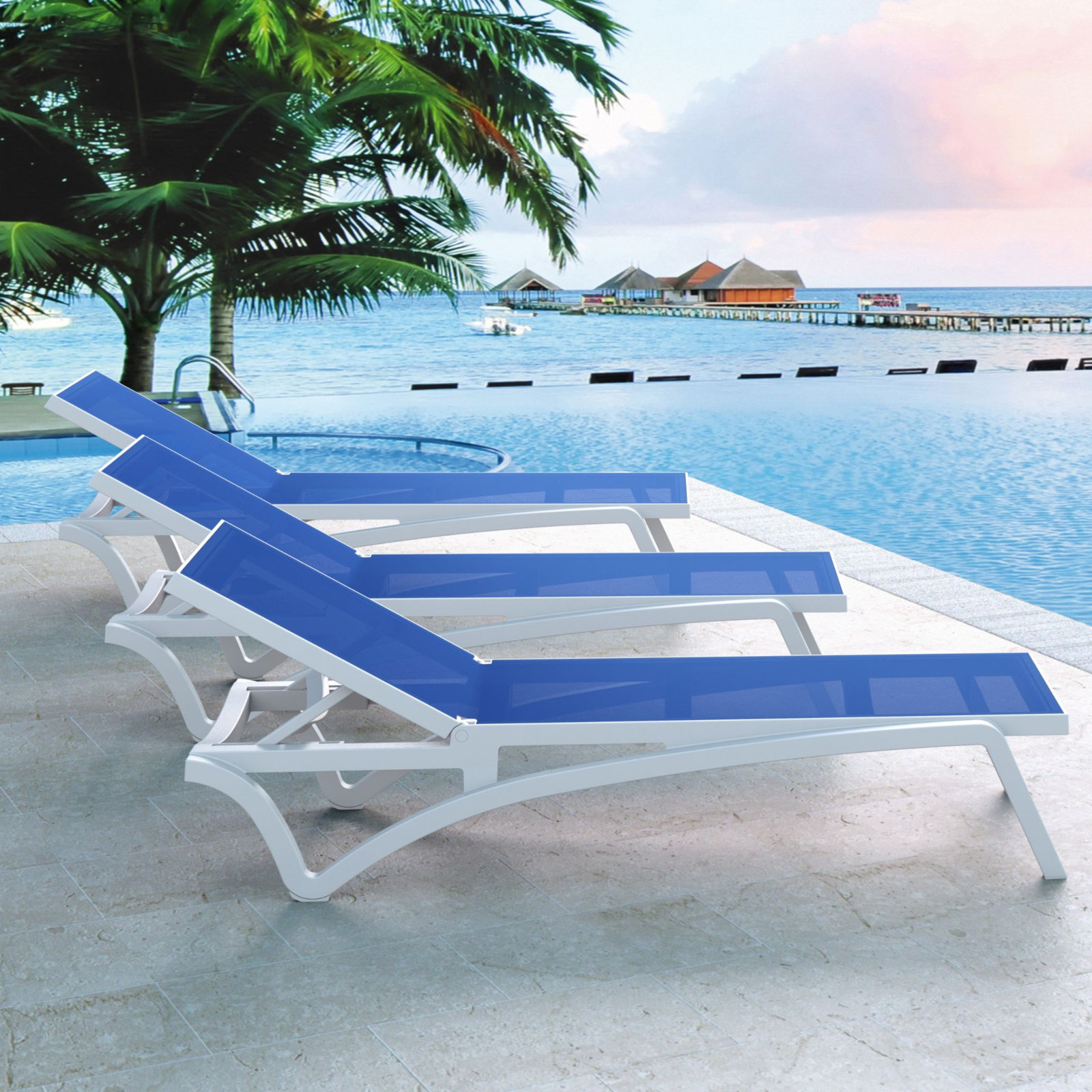 Estes 27" Patio Chaise Lounge, White/Blue