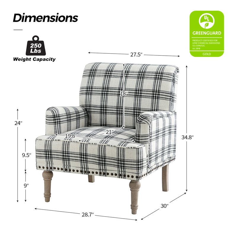 Fauteuil rembourré de 28,7 po de largeur avec pieds en bois massif et garniture cloutée Ariana, Polyester noir