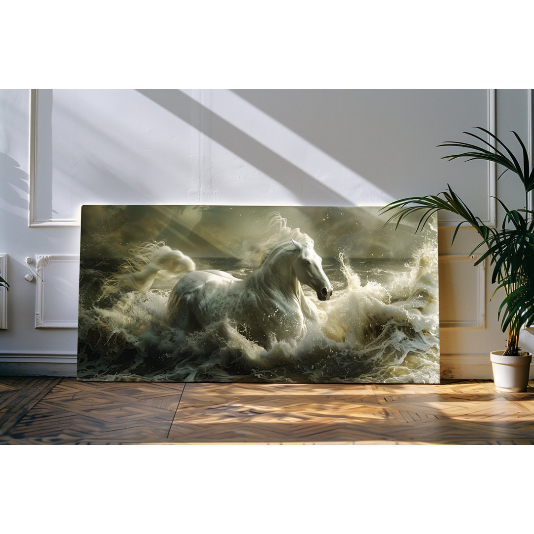 Wandbild 120x60cm Weißes Pferd Wild Meer Wellen Sturm Kunstvoll