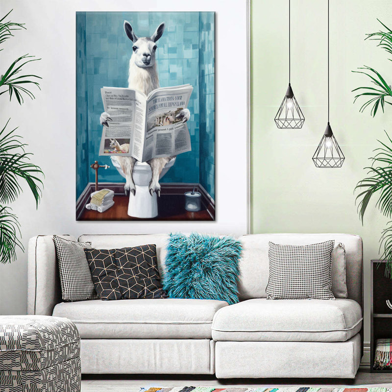 Lama sur une toilette sur toile, H 24 po x l 16 po x P 1,25 po
