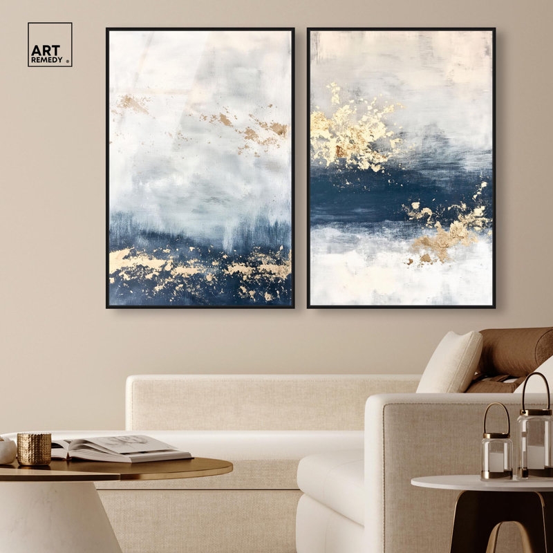 «Gilded Coastal Calm», ensemble d'art mural en verre acrylique ultrabrillant encadré par Art Remedy, cadre noir, 24 x 36