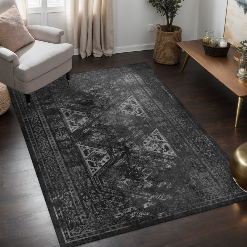 MAVAL Black Washable Rug Oriental Indoor Rug, Rectangle 5' x 8'