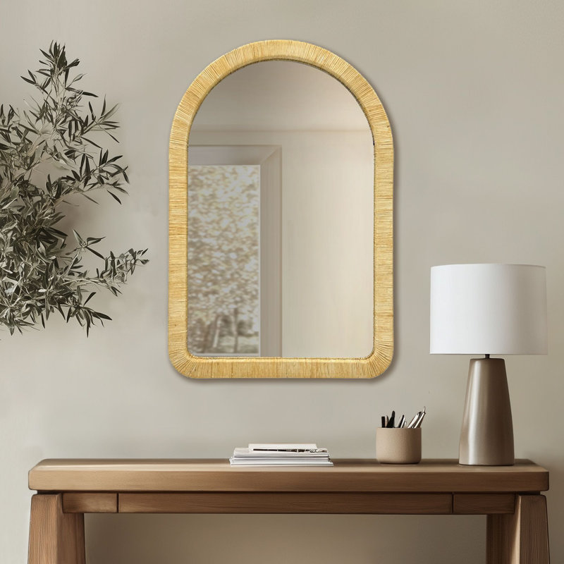 Nirvelli Natural Rattan Accent Wall Mirror with D-Ring Hangers, 39" H x 26" W, Arched