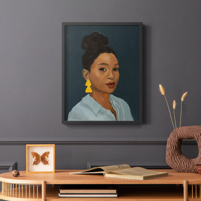Chiffre avec boucle d'oreille jaune, reproduction encadrée - bois massif