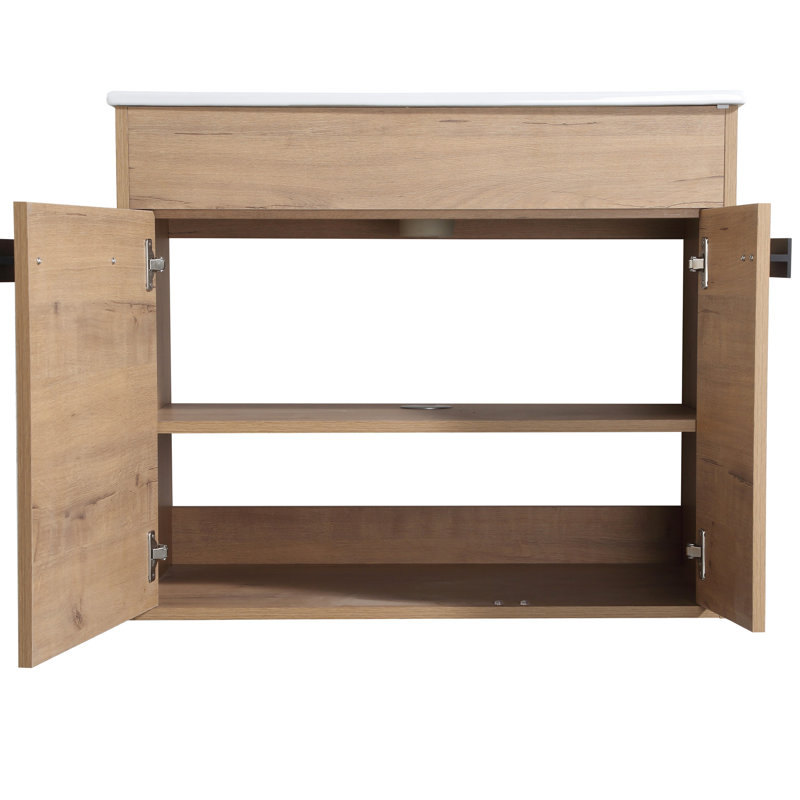 Rangement de salle de bain autoportant de 30 pouces avec fermeture en douceur et garniture en métal, Chêne