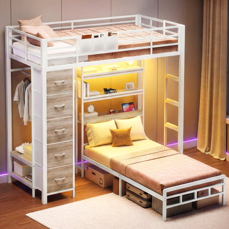 Bunk Bed Twin Over Twin with Hall Tree and Storage Bookcase Shelves Headboard, White + Gray