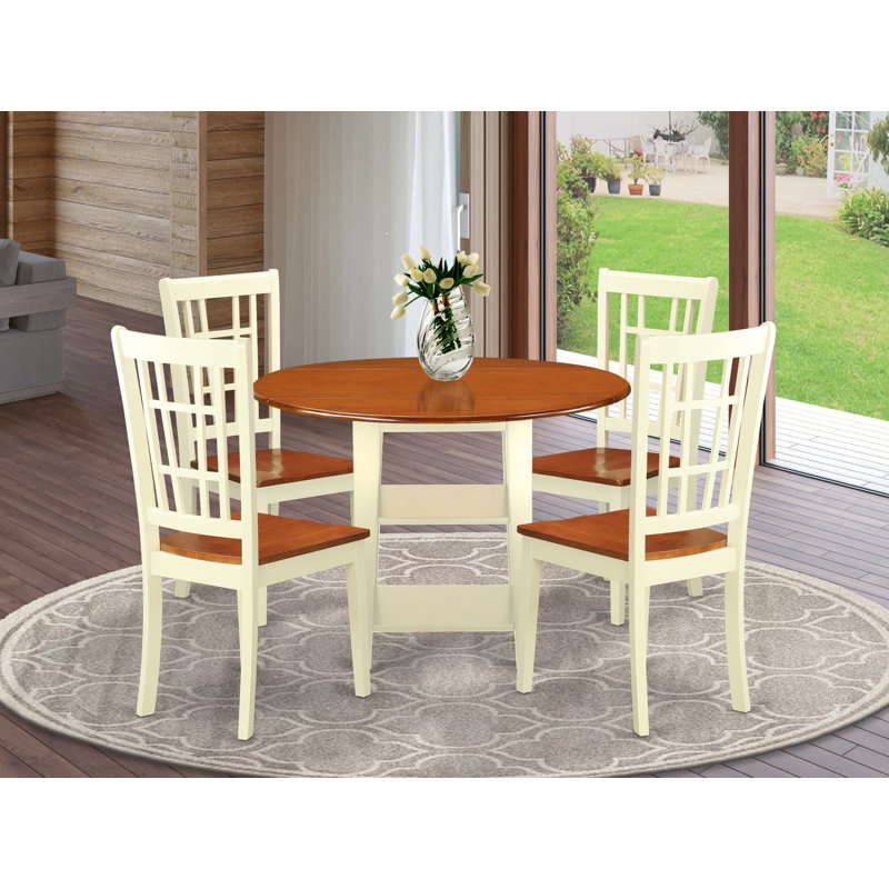 Ensemble de table de salle à manger 5 pièces moderne comprenant une table ronde en bois avec Dropleaf et tablettes et 4 chaises de salle à manger, babeurre et cerise