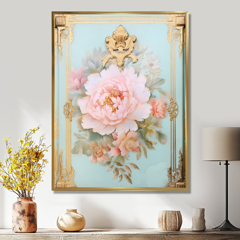 Baer - pivoine, art mural, H 32 po x l 24 po, Cadre flottant doré, bois massif