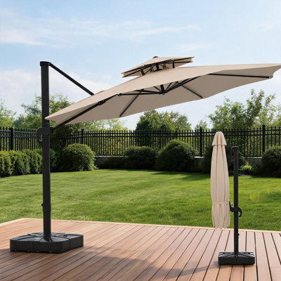 Parasol de patio en porte-à-faux rond 10 x 10 pi, rotation à 360 ° et 3 niveaux de hauteur, parasol d'extérieur imperméable, cadre en aluminium robuste, sans base, kaki