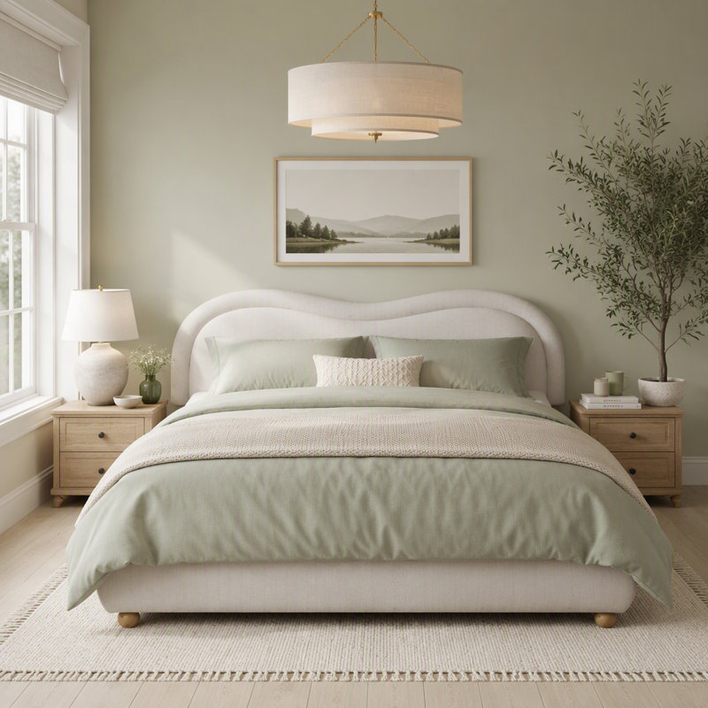 Lit plateforme tapissier, Très grand lit, Beige