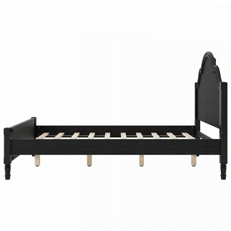 Lit plateforme en bois avec tête de lit arquée et base à lattes, Noir, Queen