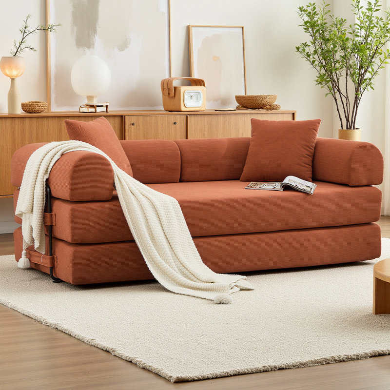 Canapé-lit pliant en velours côtelé 78,5 po 78,5 po avec 2 coussins et matelas à ressorts en mousse pour le salon, aucun assemblage requis