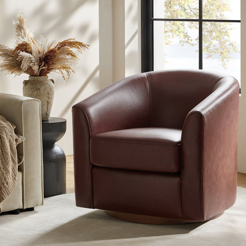 Fauteuil demi-tonneau pivotant en cuir véritable de 30,5 po de largeur avec base en bois massif Amiir, Brun