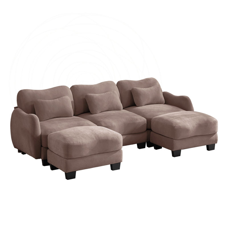 Canapé en chenille 3 places en U avec 2 repose-pieds mobiles, Chenille rose poussière