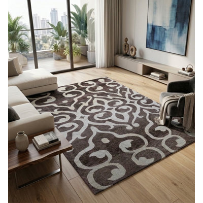 Premium Quality Contemporary Brown | Beige Hand Knotted Silk Rectangle Indoor Area Rug