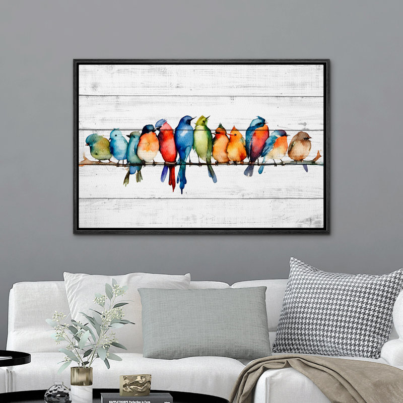 " Watercolor Row Of Birds On A Wire Canvas Print Colorful And Whimsical Bird ", 24" H x 36" W, Black