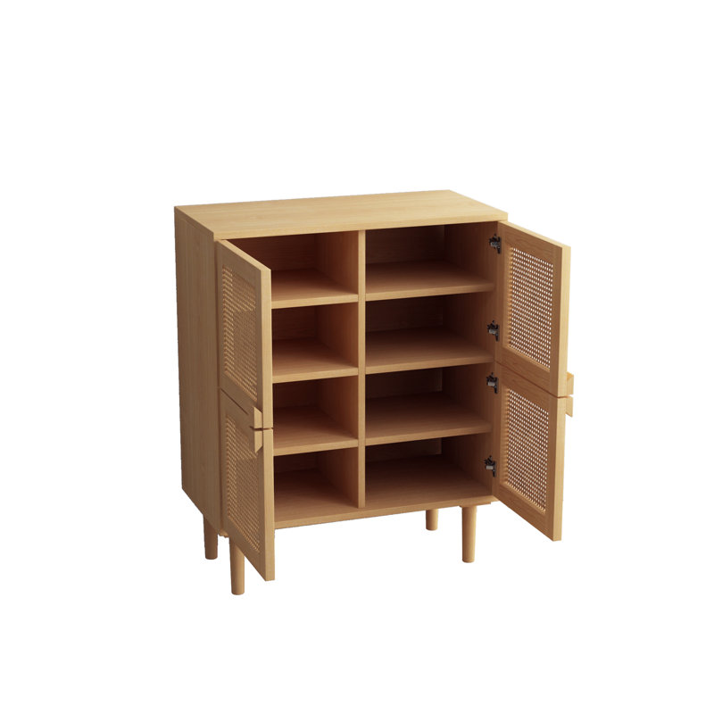 Armoire de rangement en maille rotin à 4 portes, armoire à chaussures avec huit espaces de rangement, Naturel