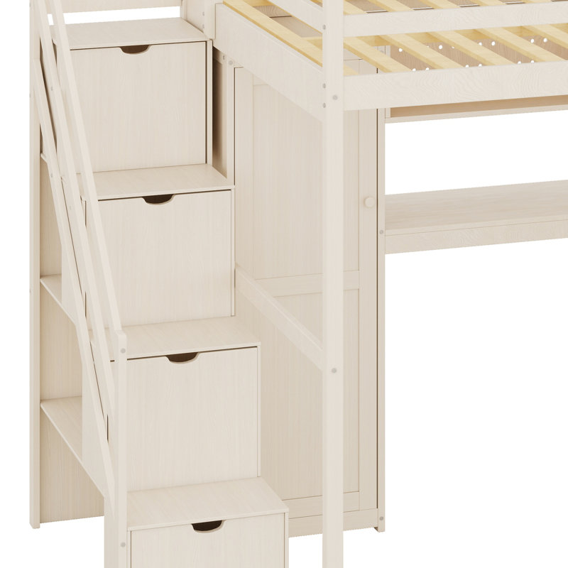 Lit mezzanine peu encombrant avec armoire intégrée, bureau, tablettes et éclairage, Beige