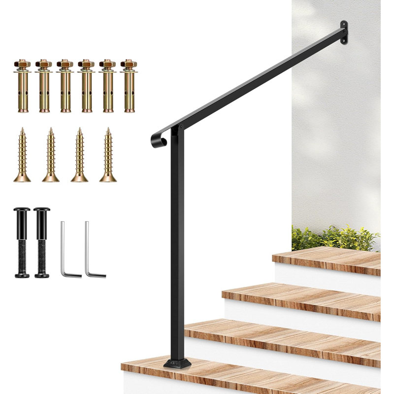 Rampe d'escalier 2 marches en fer forgé mat avec une extrémité courbée, H 39 po x l 47,5 po x P 47,5 po