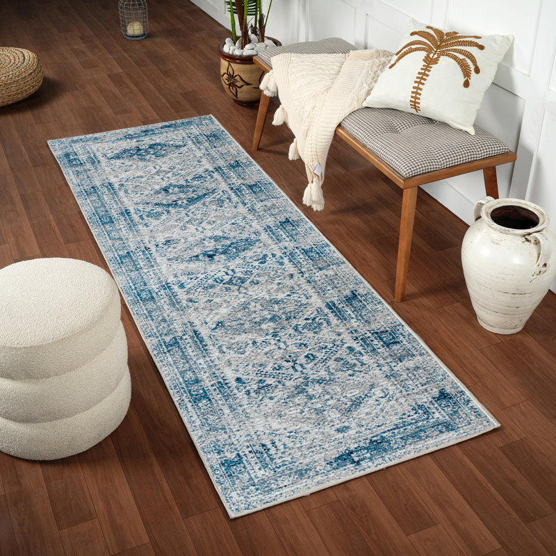 Lake City Oriental Area Rug, Sky Blue/Light Gray//Navy, Runner 78cm x 220cm
