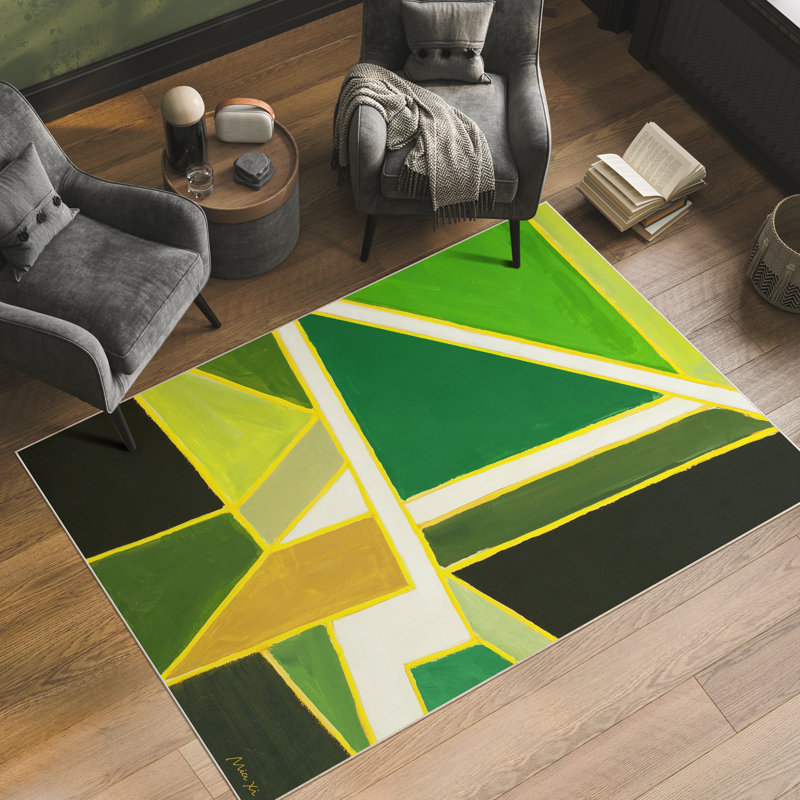 Green Graphics Washable Geometric Area Rug, Power-loomed, Softness with Non-Slipping Backing