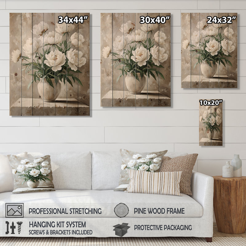Vase en pivoines Simplicity Bloom II - décoration murale en bois pivoines - sur bois de pin naturel