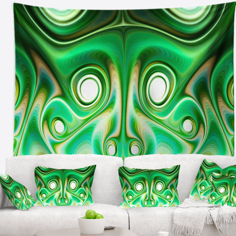Tapisserie abstraite et éclatante à motif floral fractal vert, H 32 po x l 39 po