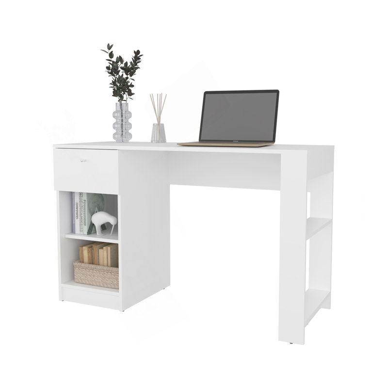 Bureau d'ordinateur Sun City avec tiroir et rangement ouvert, blanc, White