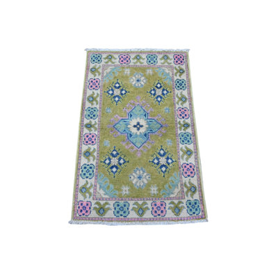 Tapis oriental vert kaki brillant en laine vibrante 1 pi 11 po x 3 pi 2 po