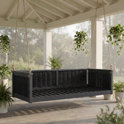 Lit-balançoire double en bois massif d'extérieur classique, cadre de balançoire en rotin de jardin avec longues cordes pour la piscine, la cour arrière, noir