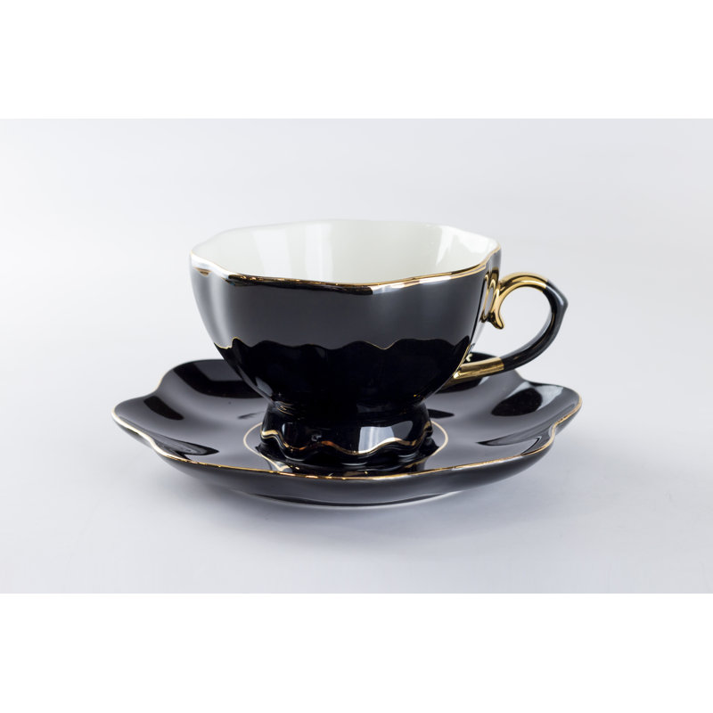 Porcelain Teacup and Saucer, Black/Gold