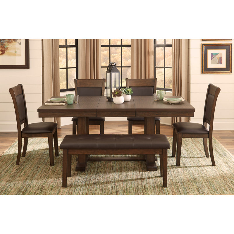Transitional 6pc Dining Set Table with Self-Storing Leaf Bench Upholstered 4x Side Chairs