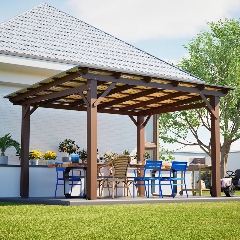 13X10ft Wooden Garden Gazebo With Metal Roof, Spacious Outdoor Patio Shade Structure For Backyard & Garden